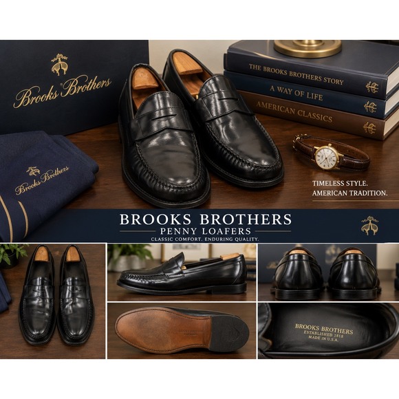 Brooks Brothers Other - Brooks Brothers Men's Black Leather Penny Loafers Slip-On Dress Shoes Size 10